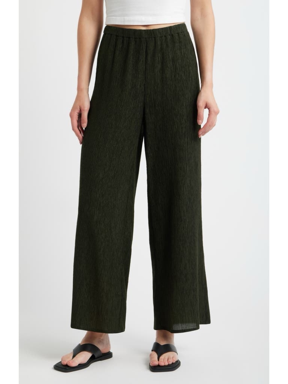 Eileen Fisher Woven Plissé Wide-Leg Pant Seaweed— Petite Medium